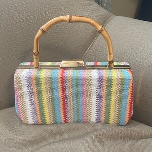 Multicolor Zigzag Pattern Clutch with Bamboo Handle